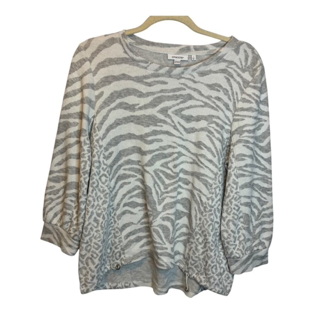 Chico's Sweater Women's Size Medium Animal Print Gray White‎ Chicos 1